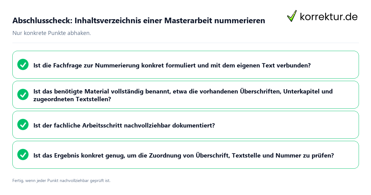 Konkreter Abschlusscheck zu Inhaltsverzeichnis einer Masterarbeit nummerieren