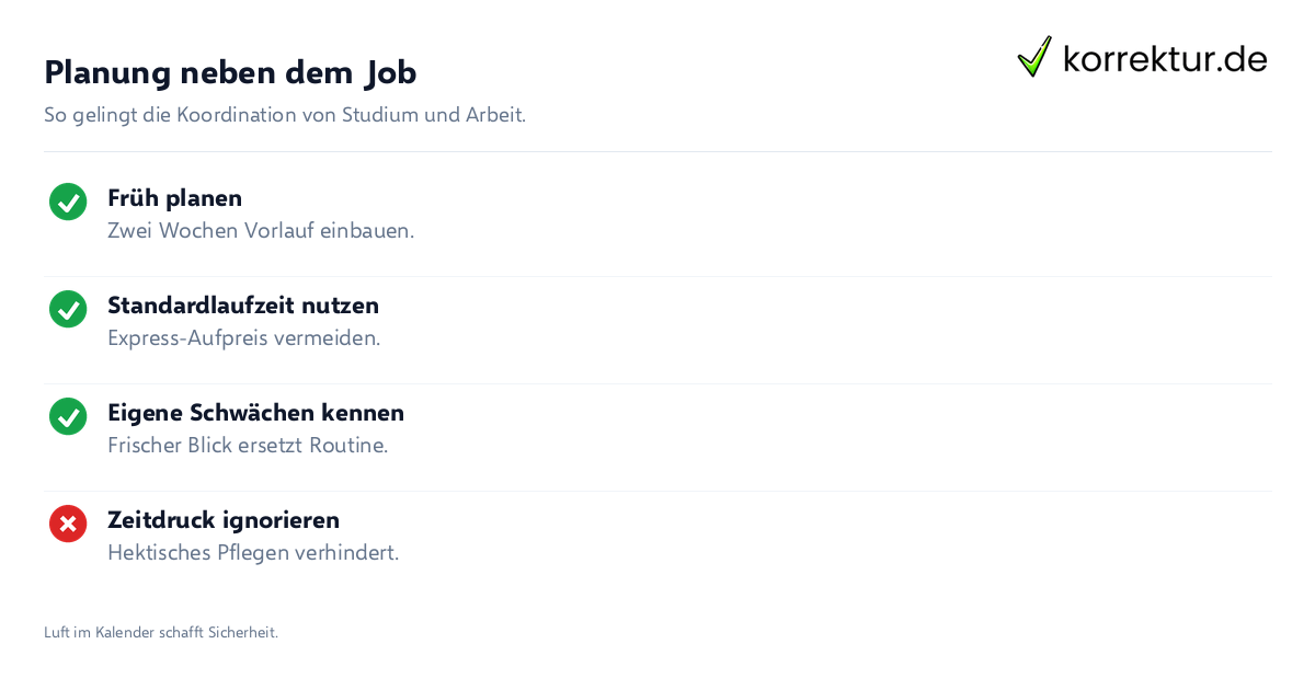 Checklist Korrektorat neben Nebenjob Zeitplanung