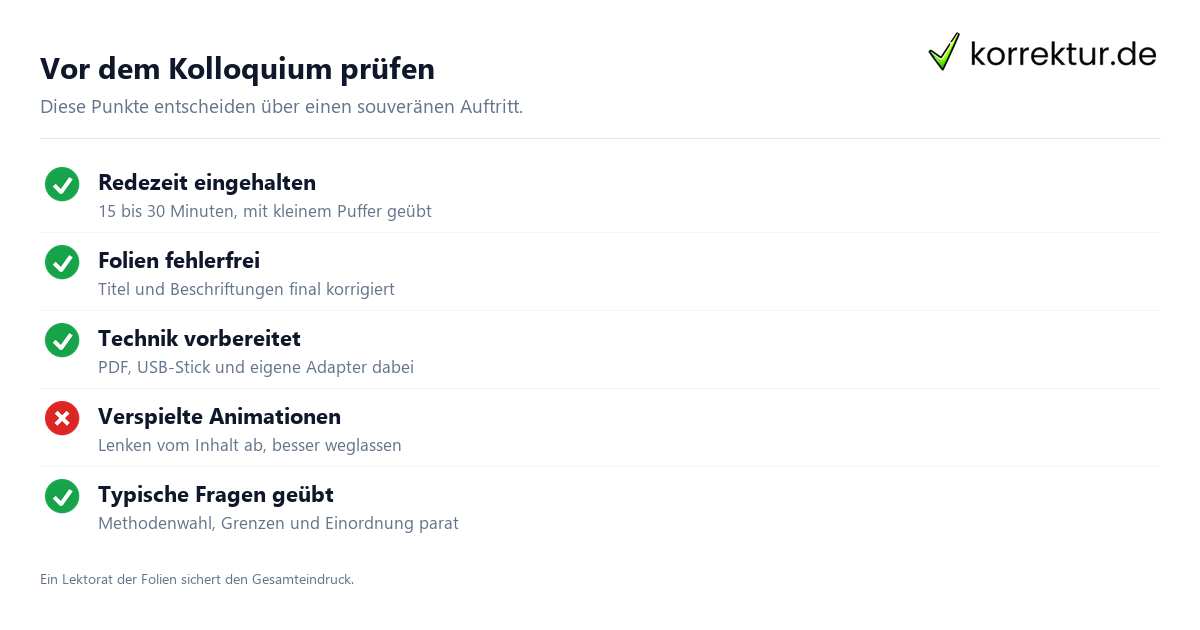 Vor dem Kolloquium prüfen Masterarbeit Präsentation: Checkliste für Vortrag und Verteidigung