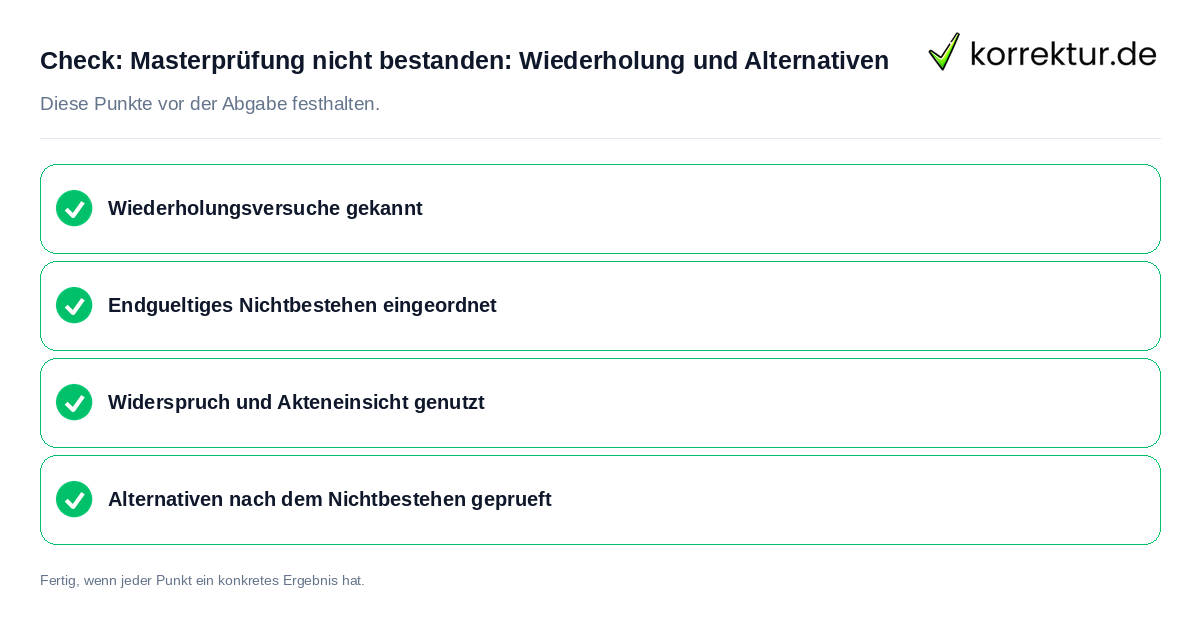 Masterprüfung nicht bestanden: Wiederholung und Alternativen: Prüfliste mit vier Punkten
