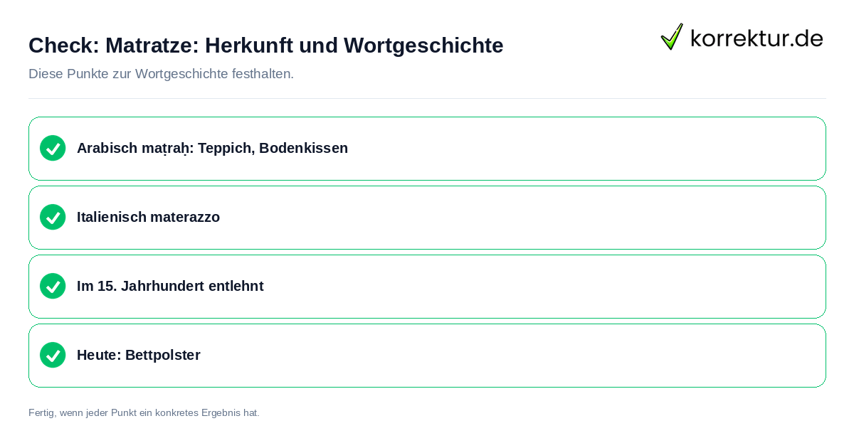 Matratze: Herkunft und Wortgeschichte: Prüfliste mit vier Punkten