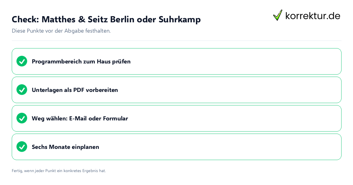 Check: Matthes & Seitz Berlin oder Suhrkamp Matthes & Seitz Berlin oder Suhrkamp: Prüfliste mit vier Punkten