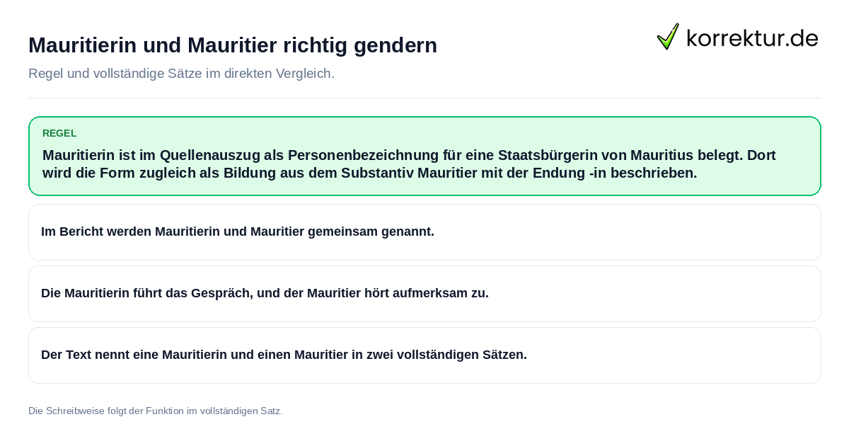 Konkrete Regel und vollständige Beispielsätze zu Mauritierin und Mauritier richtig gendern