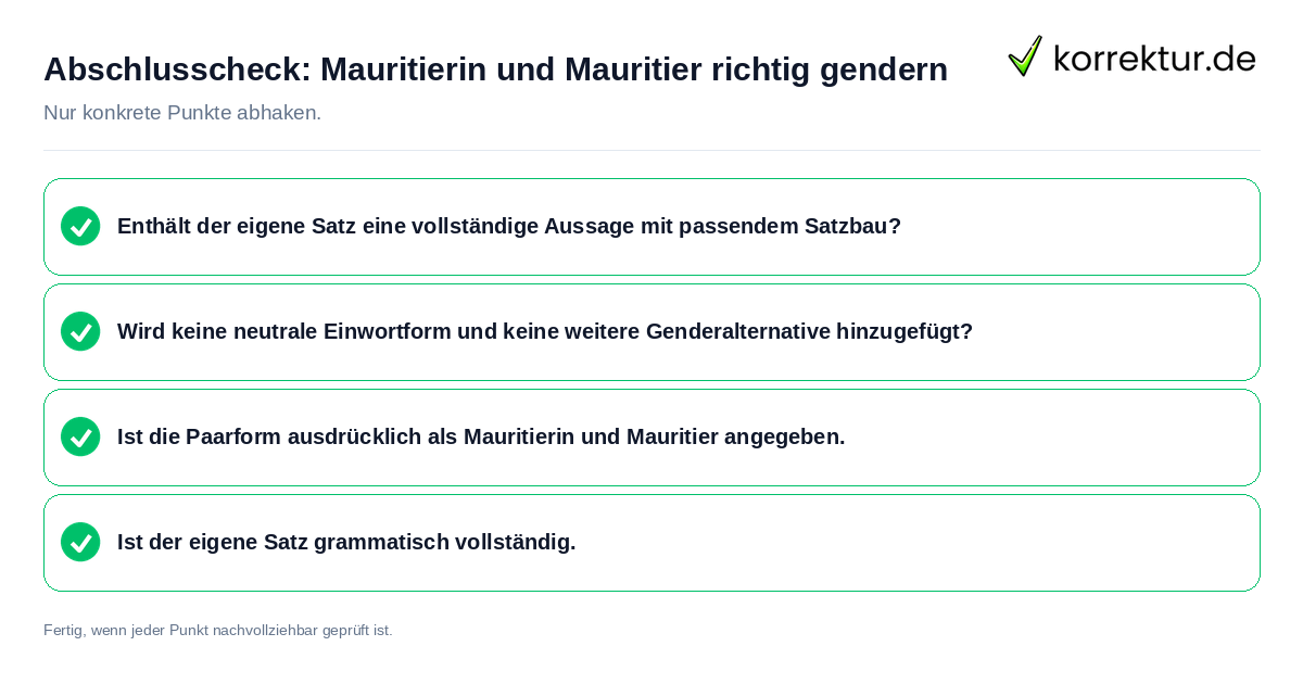 Konkreter Abschlusscheck zu Mauritierin und Mauritier richtig gendern