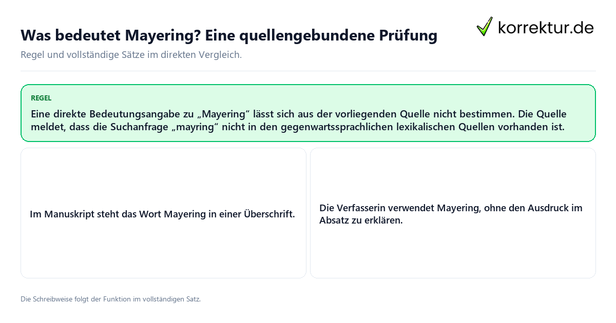 Konkrete Regel und vollständige Beispielsätze zu Was bedeutet Mayering? Eine quellengebundene Prüfung