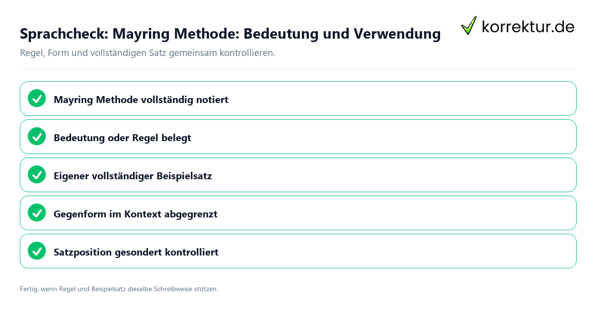 Konkreter Sprachcheck zu Mayring Methode: Bedeutung und Verwendung mit Regel und vollständigem Beispielsatz