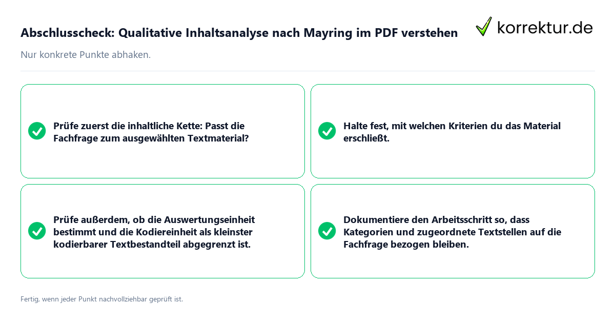 Abschlusscheck: Qualitative Inhaltsanalyse nach Mayring im PDF verstehen Konkreter Abschlusscheck zu Qualitative Inhaltsanalyse nach Mayring im PDF verstehen