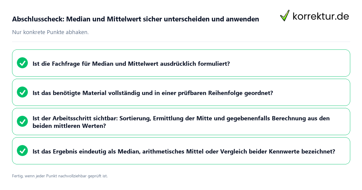 Konkreter Abschlusscheck zu Median und Mittelwert sicher unterscheiden und anwenden