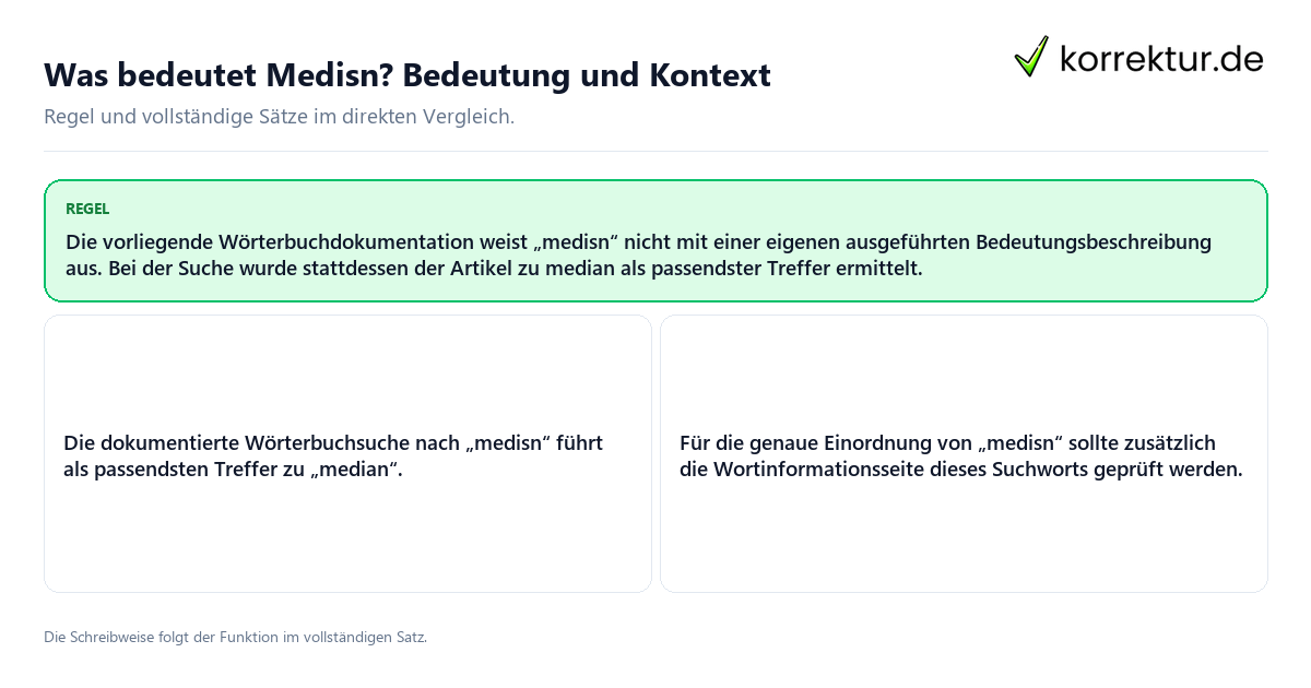 Was bedeutet Medisn? Bedeutung und Kontext Konkrete Regel und vollständige Beispielsätze zu Was bedeutet Medisn? Bedeutung und Kontext