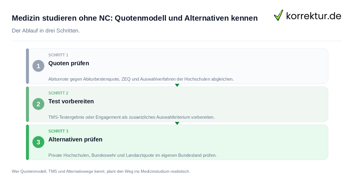 Medizin studieren ohne NC: Quotenmodell und Alternativen kennen: der Ablauf in drei Schritten