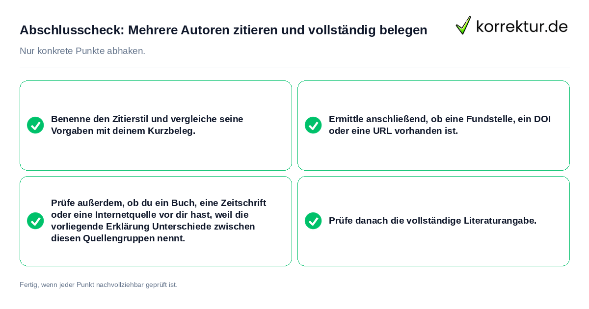 Abschlusscheck: Mehrere Autoren zitieren und vollständig belegen Konkreter Abschlusscheck zu Mehrere Autoren zitieren und vollständig belegen
