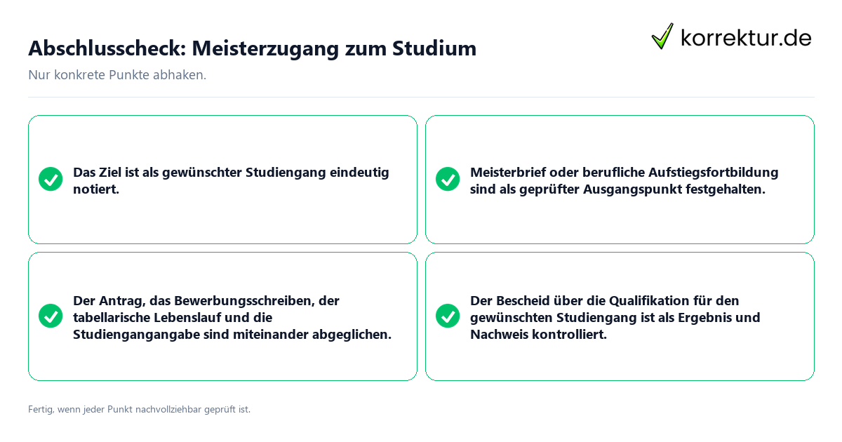 Konkreter Abschlusscheck zu Meisterzugang zum Studium