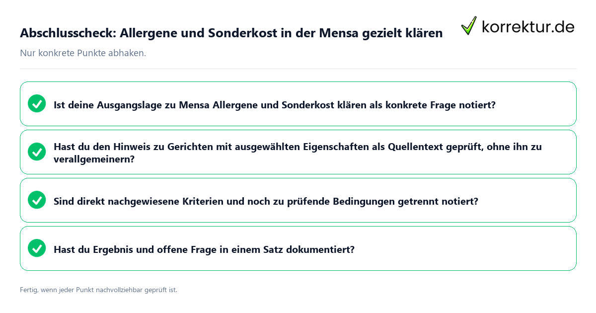 Abschlusscheck: Allergene und Sonderkost in der Mensa gezielt klären Konkreter Abschlusscheck zu Allergene und Sonderkost in der Mensa gezielt klären