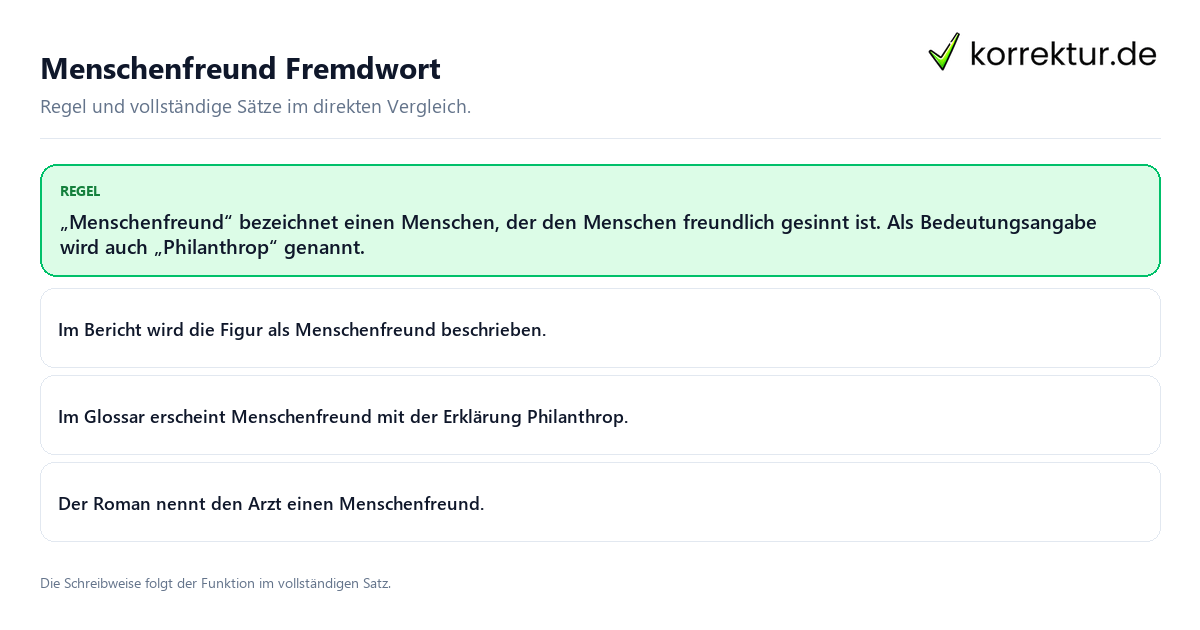 Konkrete Regel und vollständige Beispielsätze zu Menschenfreund Fremdwort