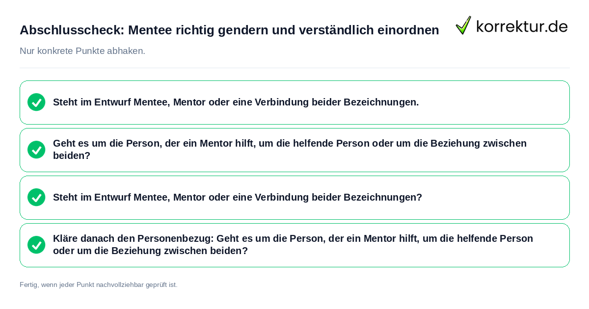 Konkreter Abschlusscheck zu Mentee richtig gendern und verständlich einordnen