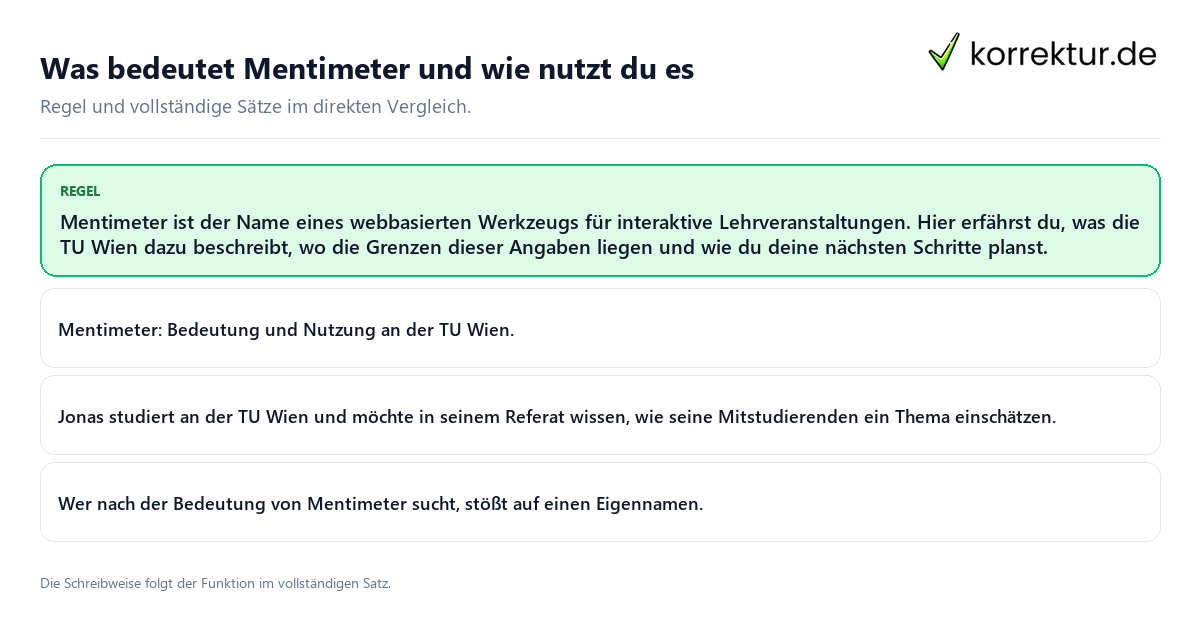 Konkrete Regel und vollständige Beispielsätze zu Was bedeutet Mentimeter und wie nutzt du es