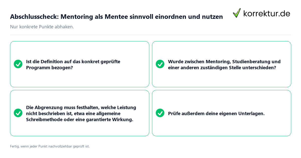 Konkreter Abschlusscheck zu Mentoring als Mentee sinnvoll einordnen und nutzen