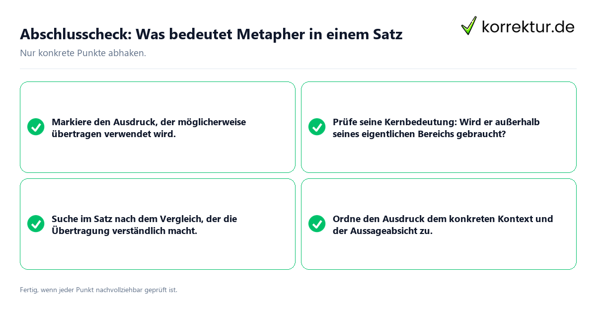 Konkreter Abschlusscheck zu Was bedeutet Metapher in einem Satz