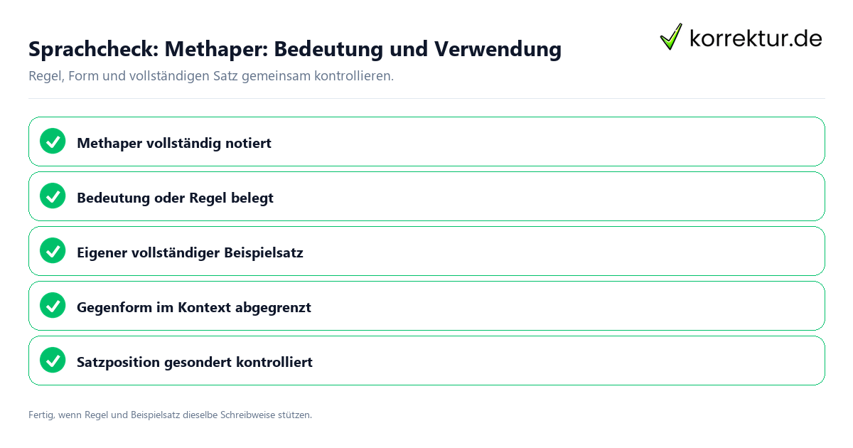 Konkreter Sprachcheck zu Methaper: Bedeutung und Verwendung mit Regel und vollständigem Beispielsatz