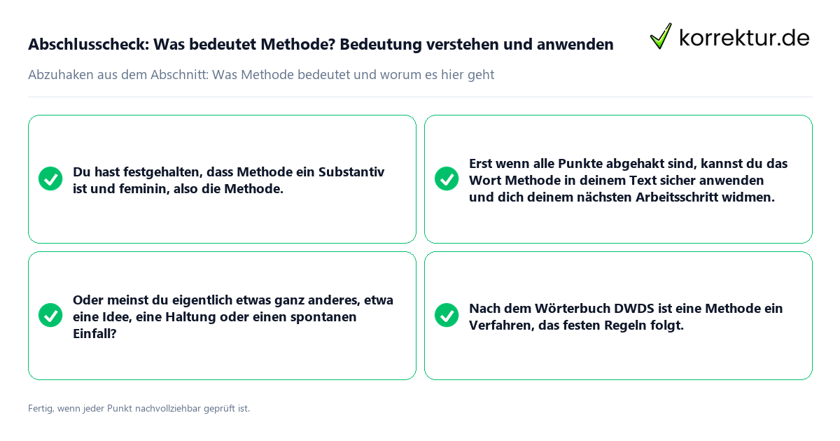 Konkreter Abschlusscheck zu Was bedeutet Methode? Bedeutung verstehen und anwenden