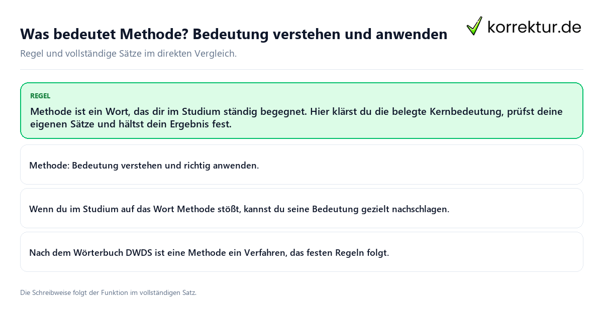 Konkrete Regel und vollständige Beispielsätze zu Was bedeutet Methode?