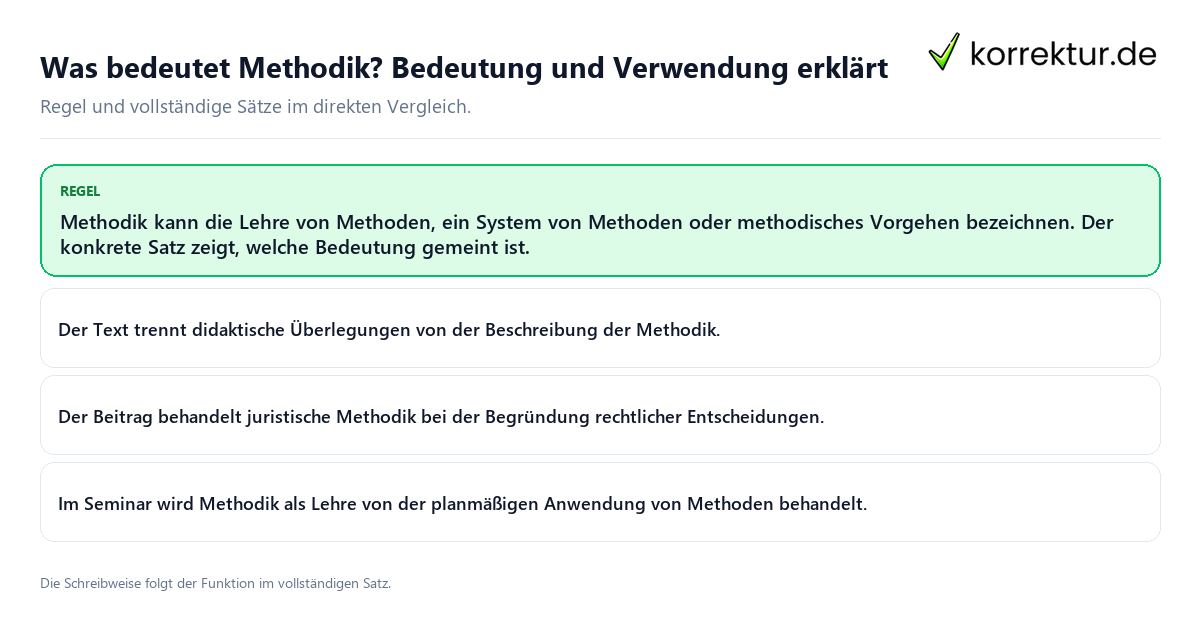 Konkrete Regel und vollständige Beispielsätze zu Was bedeutet Methodik? Bedeutung und Verwendung erklärt