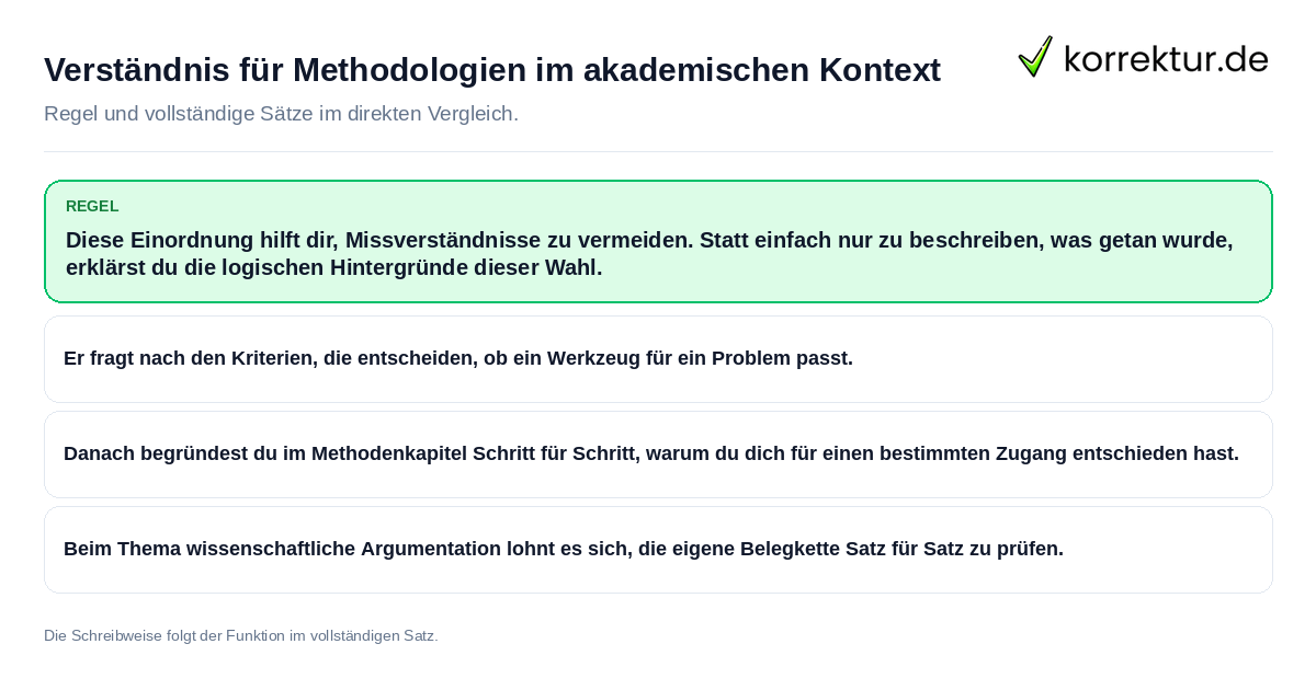 Verständnis für Methodologien im akademischen Kontext Konkrete Regel und vollständige Beispielsätze zu Verständnis für Methodologien im akademischen