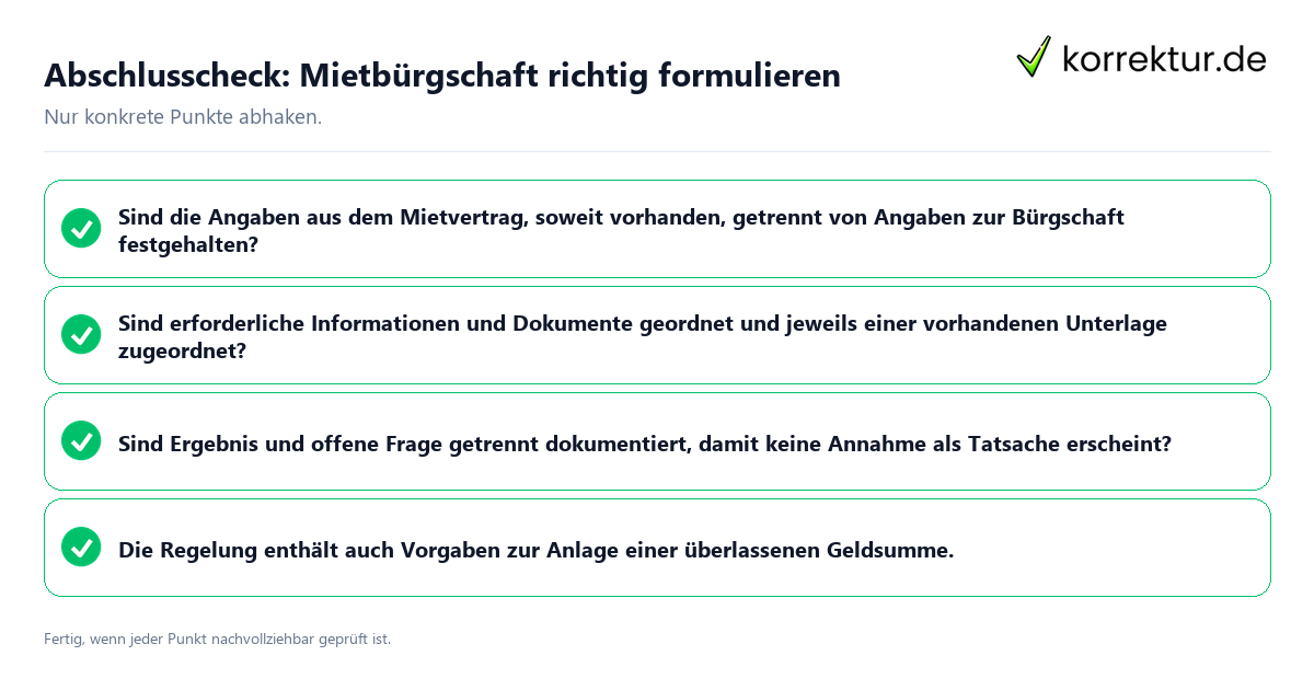 Konkreter Abschlusscheck zu Mietbürgschaft richtig formulieren