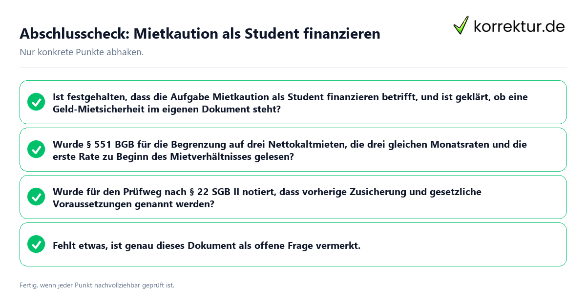 Konkreter Abschlusscheck zu Mietkaution als Student finanzieren