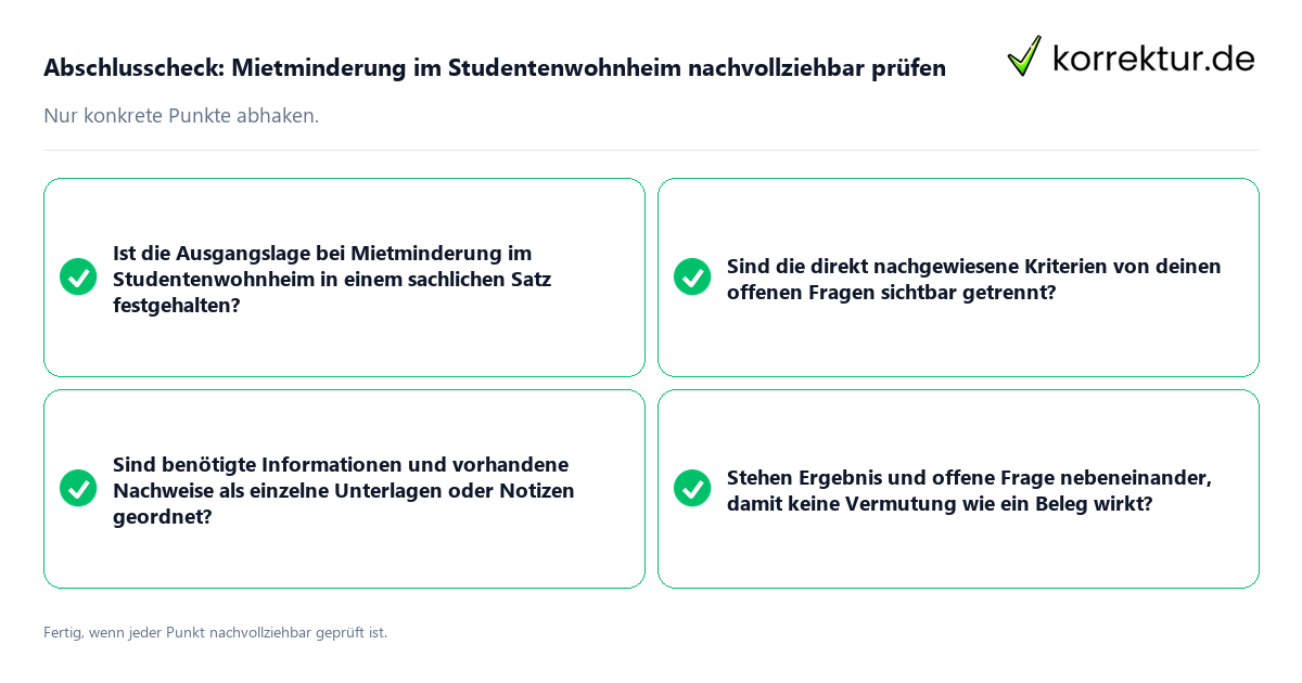 Konkreter Abschlusscheck zu Mietminderung im Studentenwohnheim nachvollziehbar prüfen