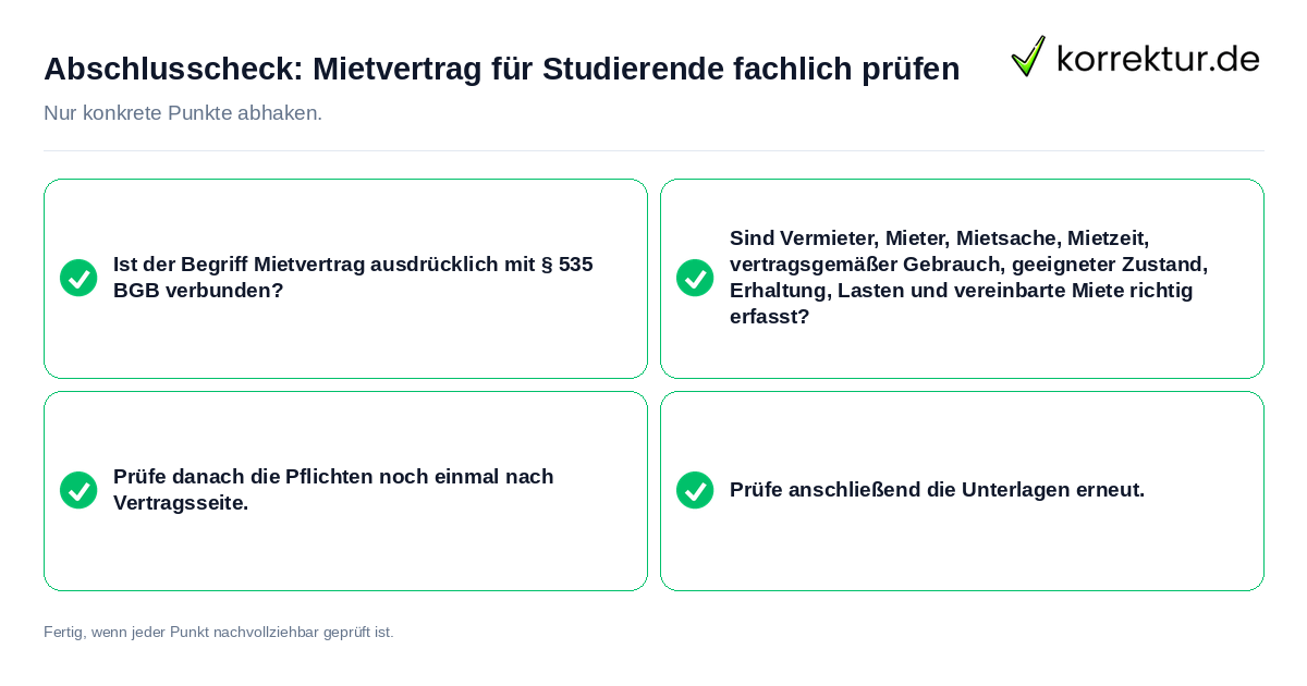 Abschlusscheck: Mietvertrag für Studierende fachlich prüfen Konkreter Abschlusscheck zu Mietvertrag für Studierende fachlich prüfen