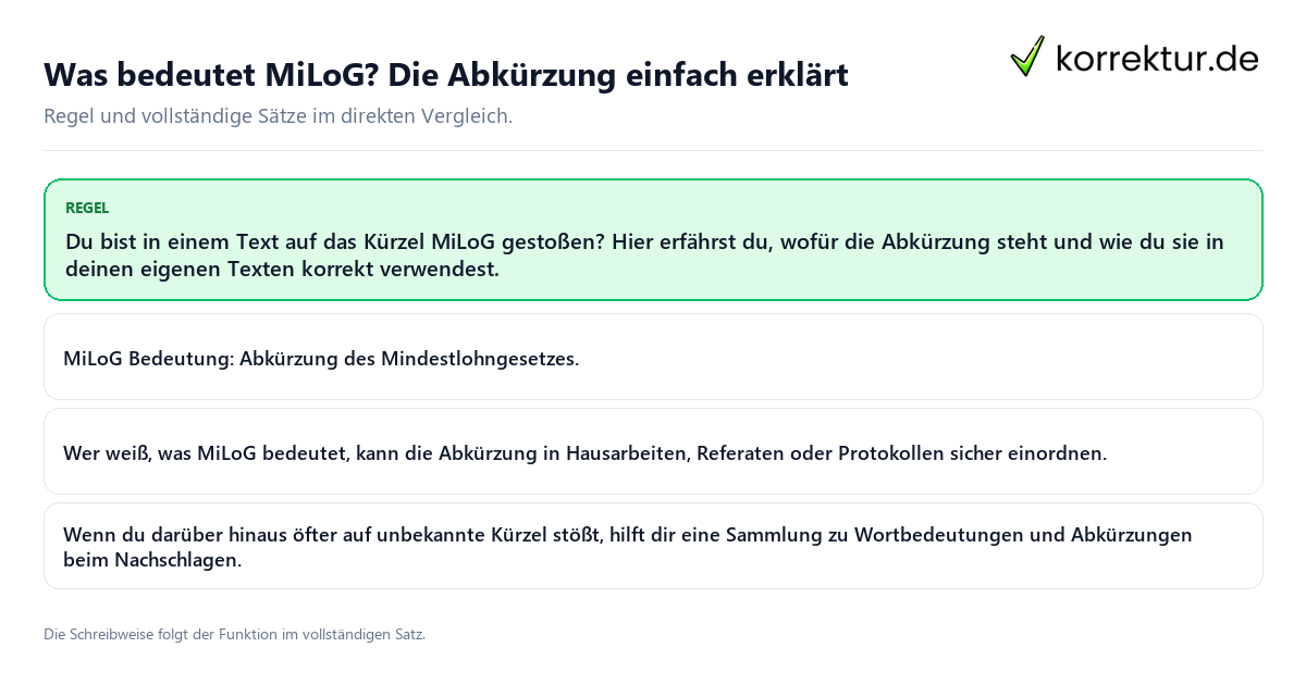 Konkrete Regel und vollständige Beispielsätze zu Was bedeutet MiLoG? Die Abkürzung einfach erklärt