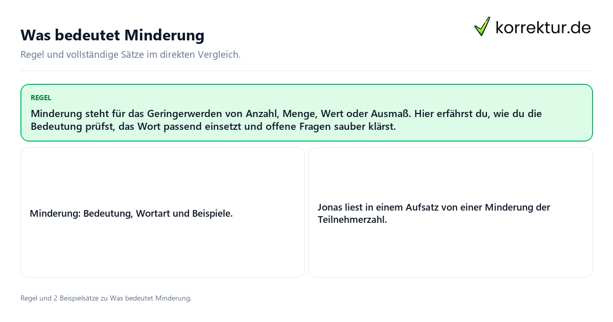 Konkrete Regel und vollständige Beispielsätze zu Was bedeutet Minderung