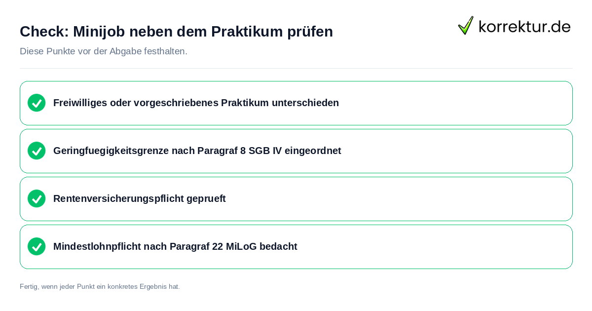 Minijob neben dem Praktikum prüfen: Prüfliste mit vier Punkten