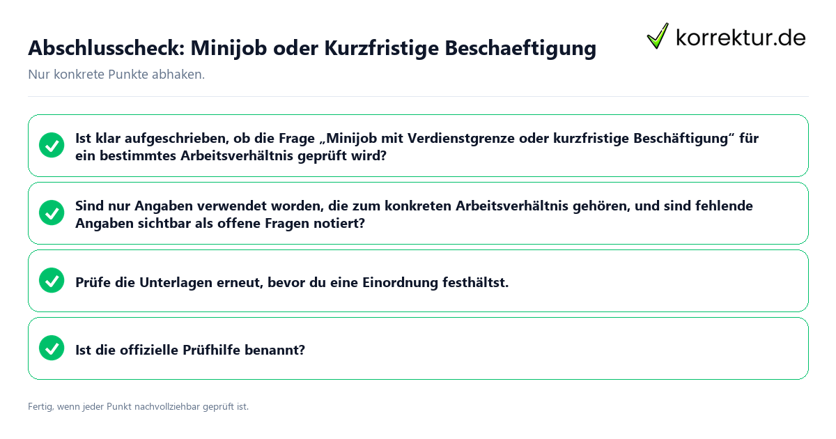 Abschlusscheck: Minijob oder Kurzfristige Beschaeftigung Konkreter Abschlusscheck zu Minijob oder Kurzfristige Beschaeftigung
