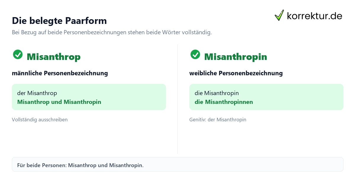 Die belegte Paarform Misanthrop und Misanthropin passend verwenden, Paarform im Vergleich