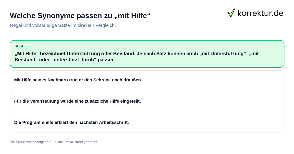 Konkrete Regel und vollständige Beispielsätze zu Welche Synonyme passen zu „mit Hilfe“