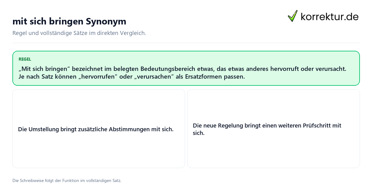 Konkrete Regel und vollständige Beispielsätze zu mit sich bringen Synonym