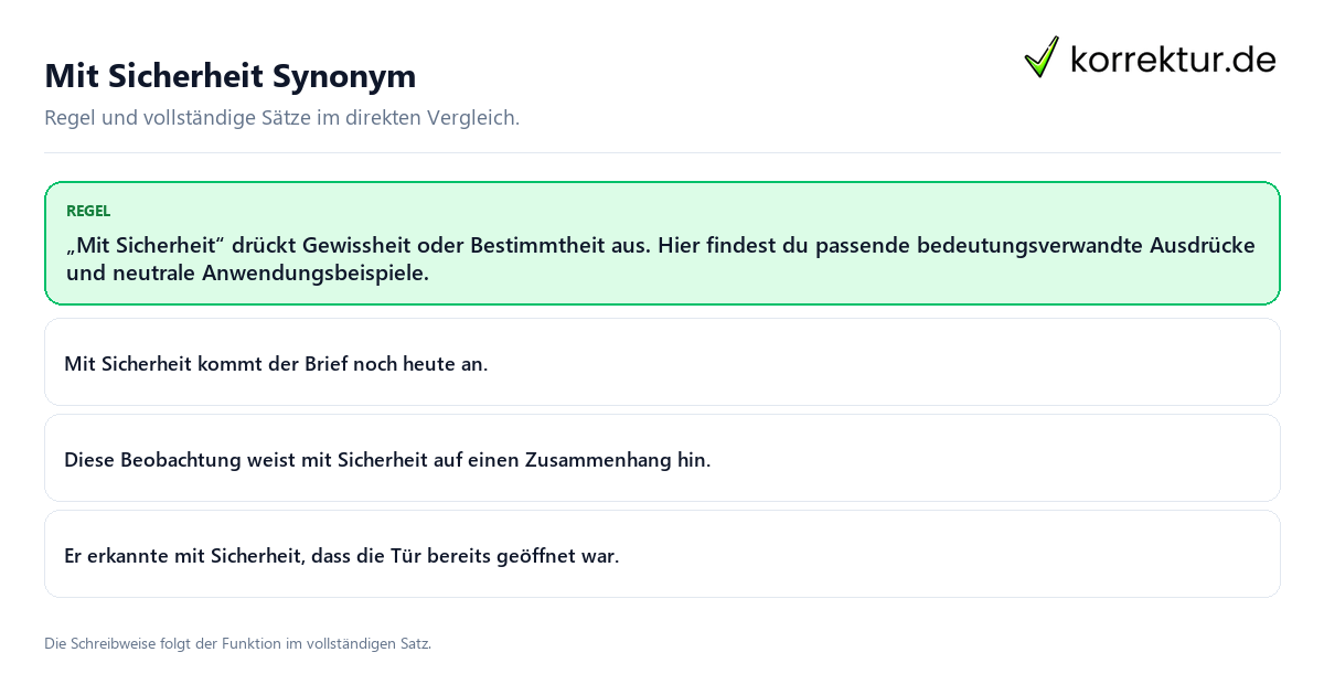 Mit Sicherheit Synonym Konkrete Regel und vollständige Beispielsätze zu Mit Sicherheit Synonym
