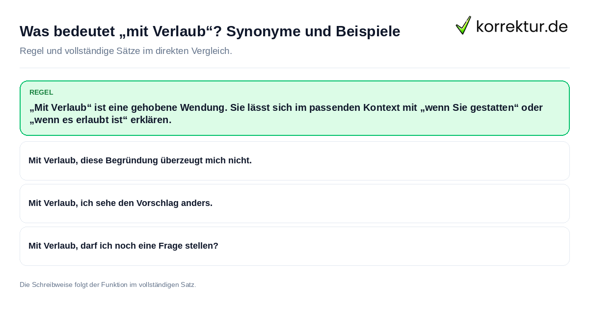 Was bedeutet „mit Verlaub“? Synonyme und Beispiele Konkrete Regel und vollständige Beispielsätze zu Was bedeutet „mit Verlaub“? Synonyme und Beispiele