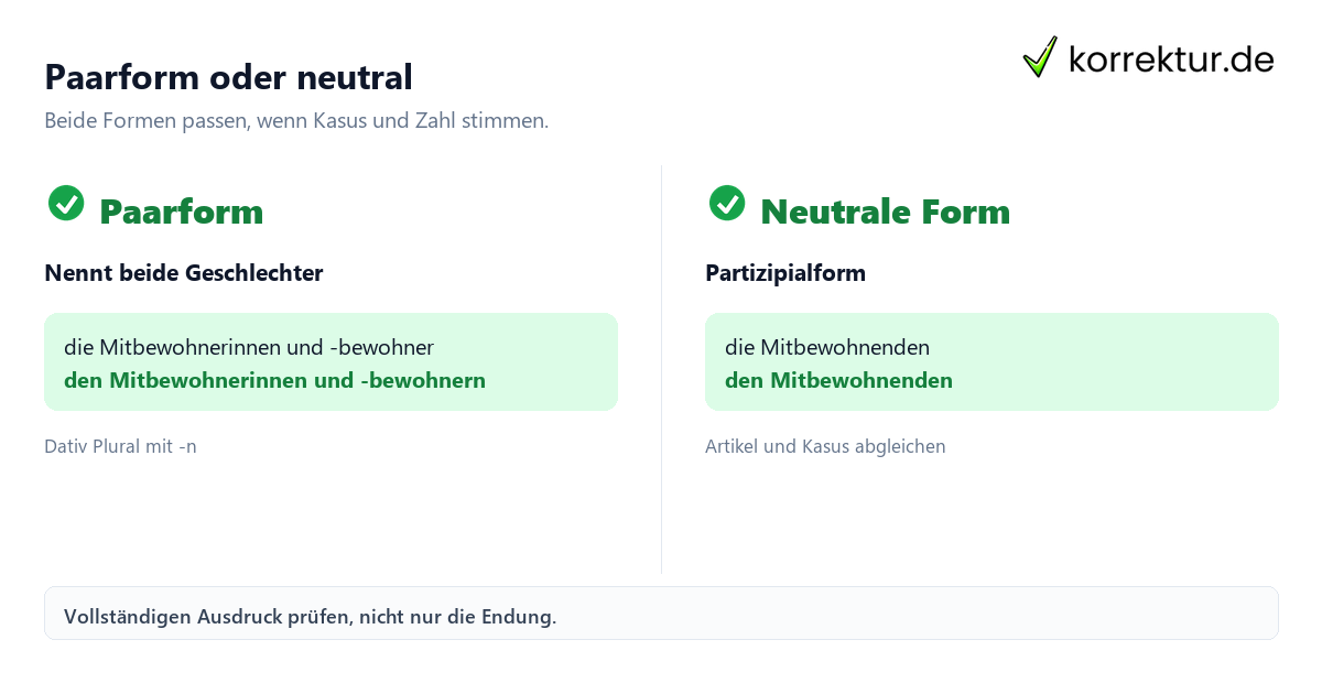 Paarform oder neutral Mitbewohner und Mitbewohnerin passend gendern mit Paarform und neutraler Form