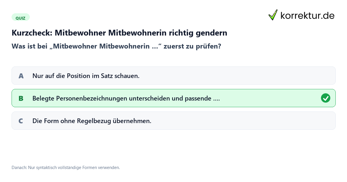 Mitbewohner Mitbewohnerin richtig gendern mit einem Kurzquiz zum sinnvollen nächsten Schritt