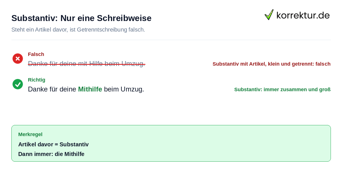 Substantiv: Nur eine Schreibweise Mithilfe als Substantiv richtig und falsch geschrieben