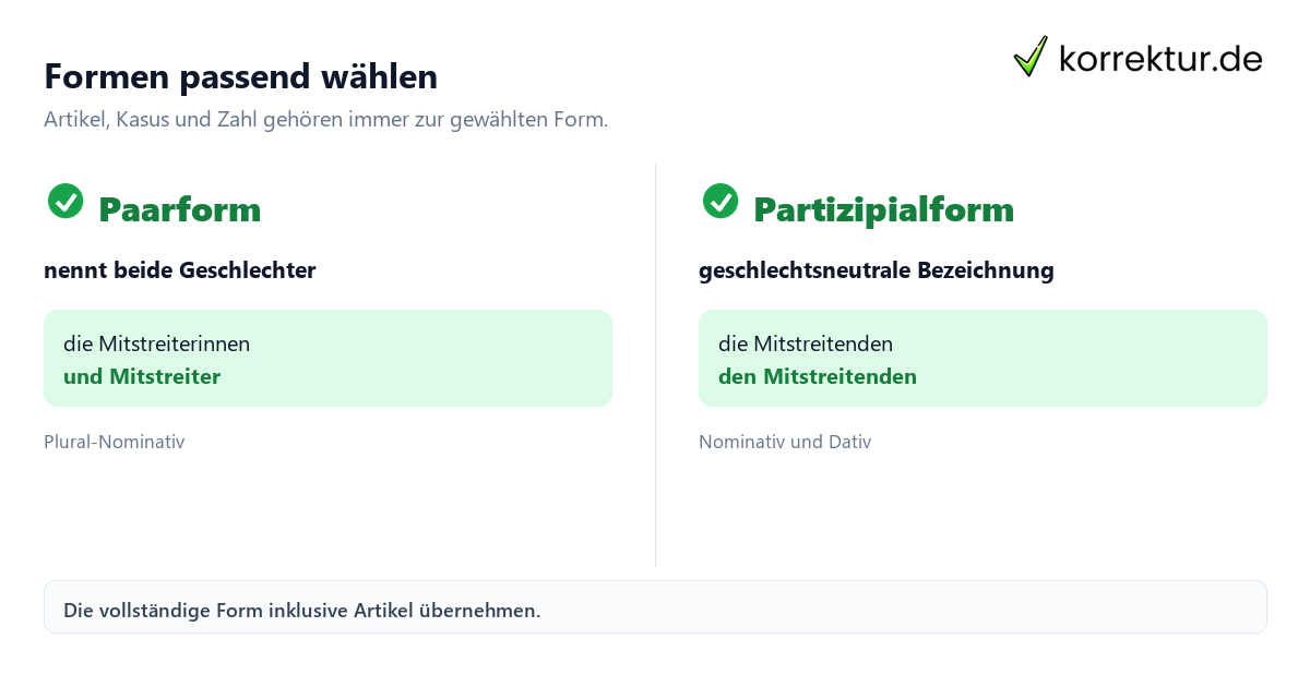 Formen passend wählen Mitstreiter richtig gendern: Paarform und Partizipialform vergleichen