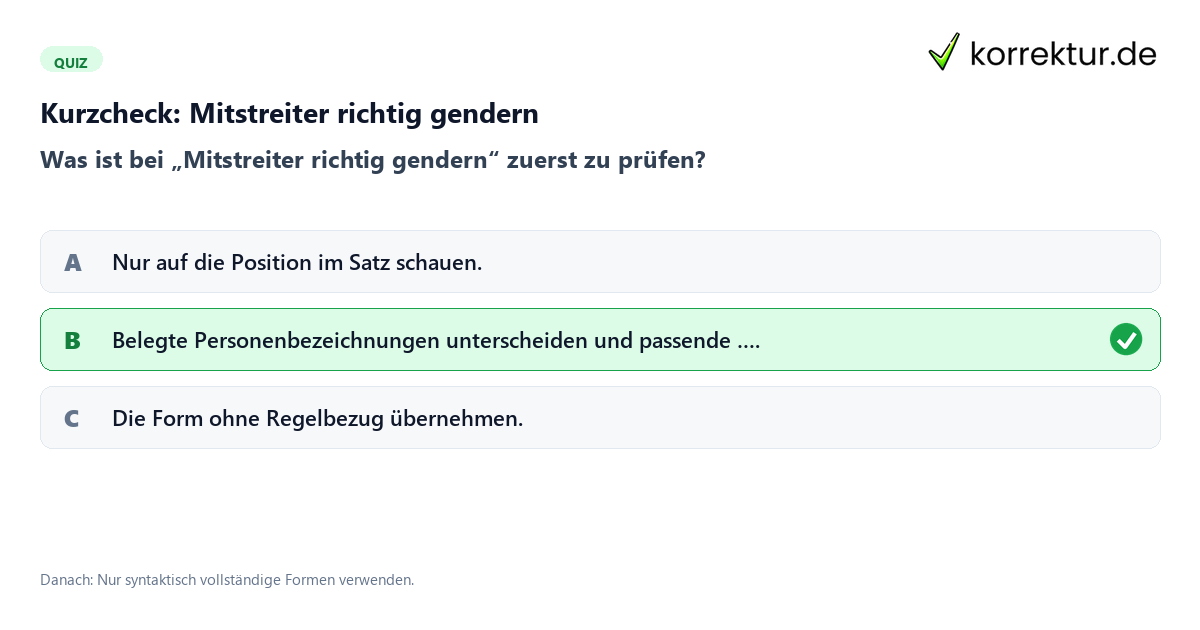 Mitstreiter richtig gendern mit einem Kurzquiz zum sinnvollen nächsten Schritt