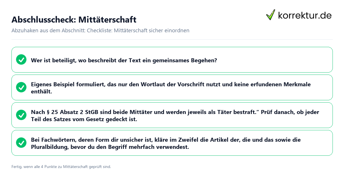 Konkreter Abschlusscheck zu Mittäterschaft
