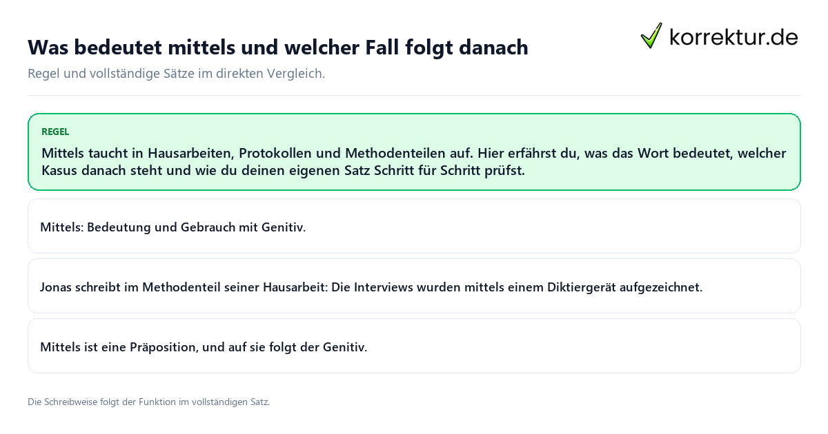 Konkrete Regel und vollständige Beispielsätze zu Was bedeutet mittels und welcher Fall folgt danach