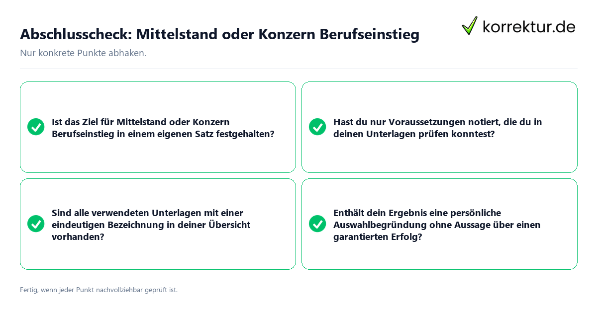 Konkreter Abschlusscheck zu Mittelstand oder Konzern Berufseinstieg