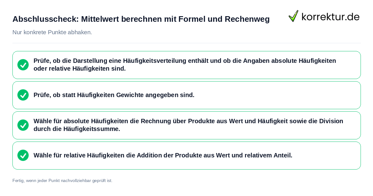 Abschlusscheck: Mittelwert berechnen mit Formel und Rechenweg Konkreter Abschlusscheck zu Mittelwert berechnen mit Formel und Rechenweg
