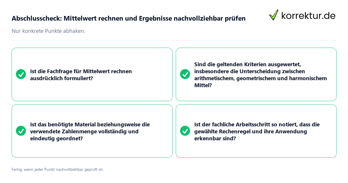 Konkreter Abschlusscheck zu Mittelwert rechnen und Ergebnisse nachvollziehbar prüfen